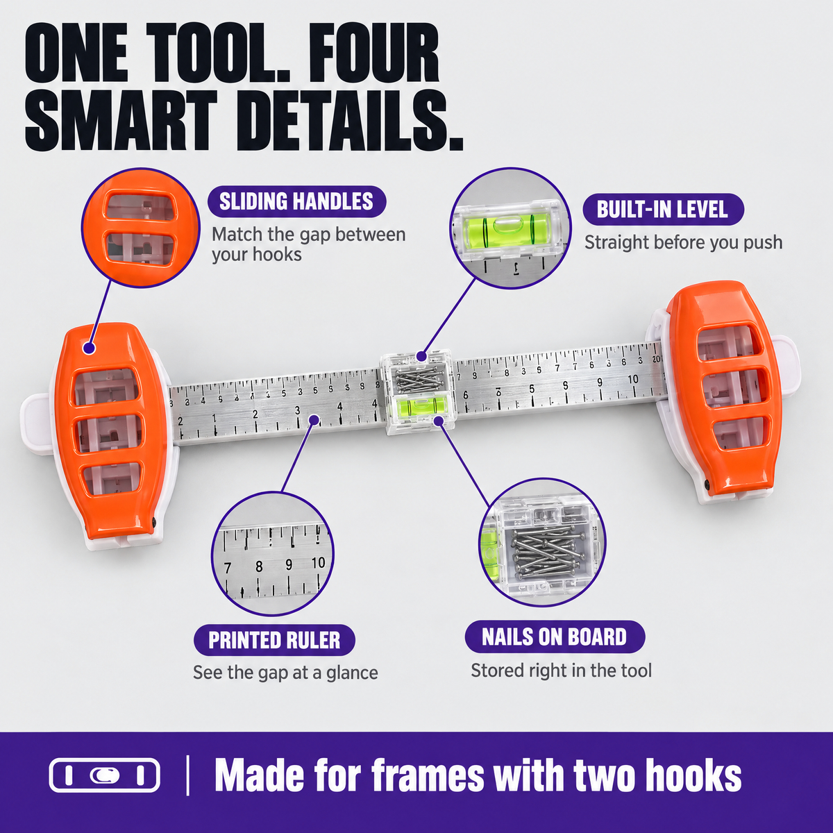 Picture hanging level with sliding handles, bubble level, ruler and nail compartment